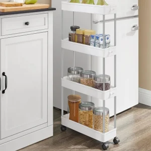 Organizador de 4 niveles para carrito de almacenamiento, estantería móvil con 4 ruedas giratorias 360 grados, baldas y 4 ganchos, estantes de almacenamiento deslizables para cocina, sala de estar, baño, lavadero. Espacios Estrechos o reducidos