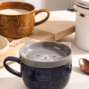 Taza Con Gatos Grabados Y Tapa Con Cara De Gato