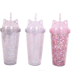 Vaso Acrílico De Doble Capa Con Glitter Orejas de Gato