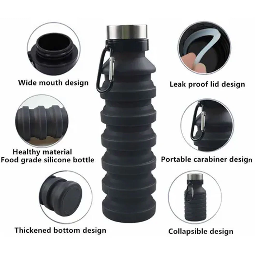 Termo Plegable Silicón Flexible Botella Vaso Tapa De Acero Inoxidable 550ml - Imagen 8