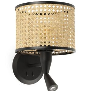 Aplique con lector LED negro y ratán MAMBO