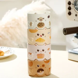 Juego de 4 tazas de cerámica kawaii para café, gatos apilables, gatito lindas tazas de té gato panadero