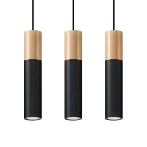 Lampara 3 luces negra y madera PABLO