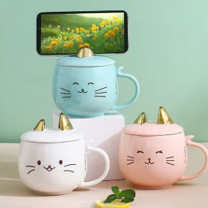 Taza De Cerámica Kawaii De Gatito Lucky Cat Con Holder Tapa Y Cuchara 400ml