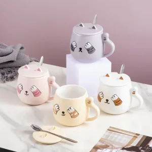 Taza Para Café Kawaii Gato Con Tapa Cuchara Peek A Boo